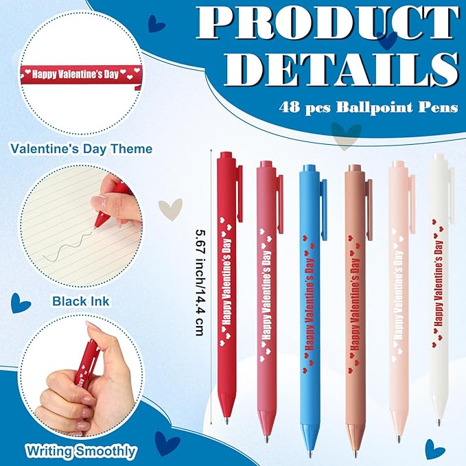 Cholemy 48 Sets Valentine Day Gifts Sets Include Motivational Ballpoint Pen with Greeting Card and Cable Ties for School Classroom Stationery Supplies Teacher Students Practical Gifts
