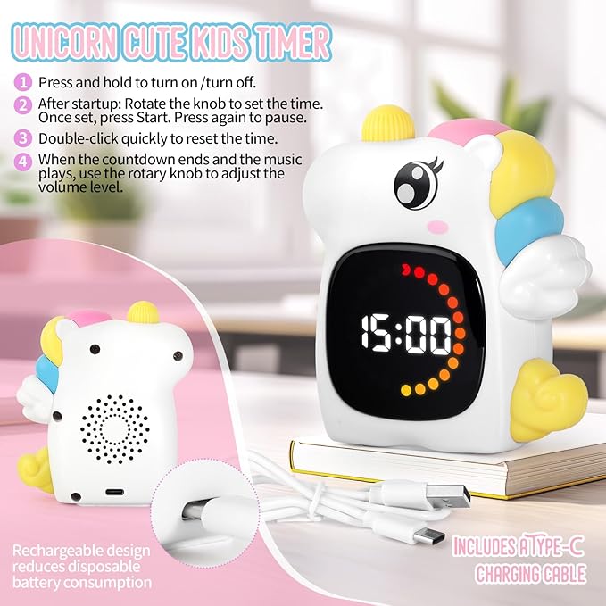 Unicorn Visual Timer for Kids, Rechargeable 99:59 Digital Countdown Timer, Visual Time Progress Display, Adjustable Volume, Classroom Homeschool Study Timer