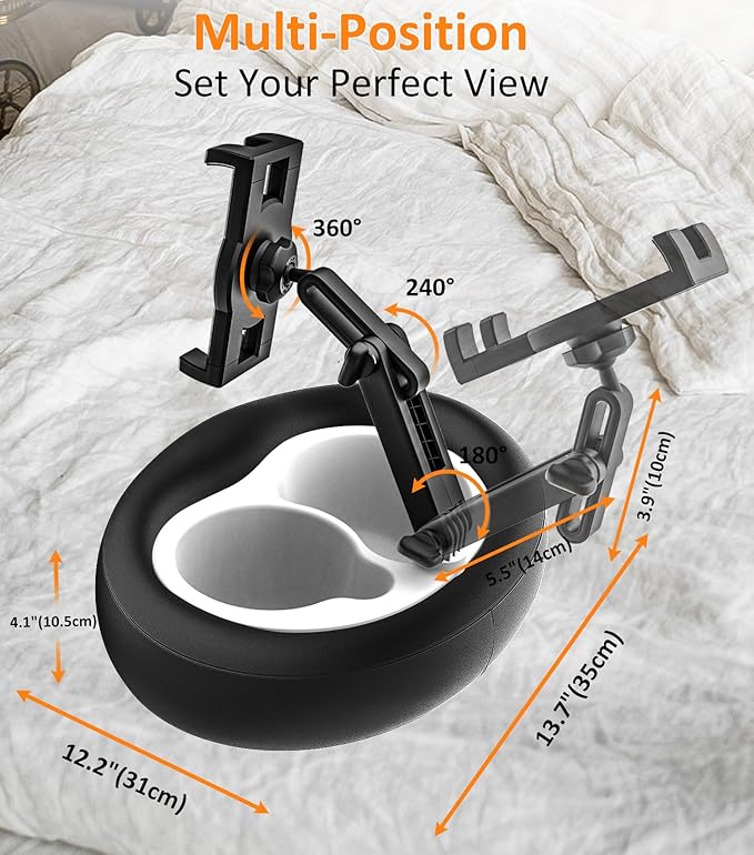 Pillow Tablet Holder Mount, Tablet Pillow Stand for Bed Lap Sofa with Adjustable Arm for Tablets & Phones 4-13", iPad Pro Air Mini, Kindle, Galaxy Tab, iPhone (Soft Leather Material, Black)