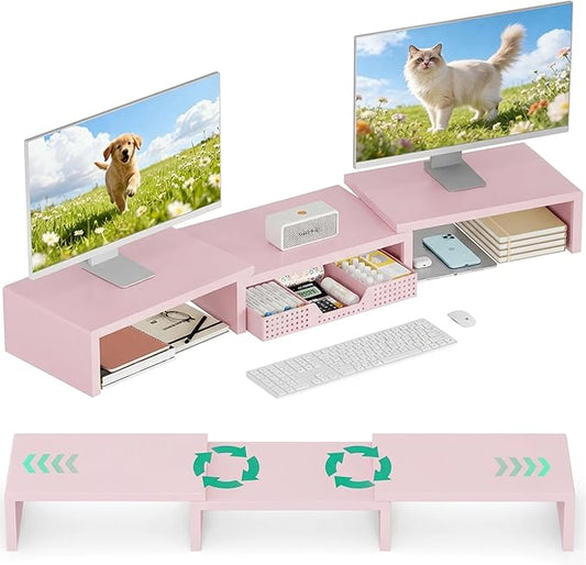 OPNICE Desk Organizers and Accessories, Dual Computer Monitor Stand Riser with Drawer, Office Decor for Women, Office Desk Accessories & Workspace Organizers, Pink