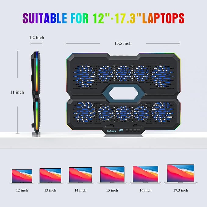 Laptop Cooling Pad, Gaming Laptop Cooler with 10 Quiet Fans, Height Adjustable Laptop Cooling Stand for 12"-17" Laptops, RGB Lights with Laptop Fan with 2 USB Port and Phone Stand