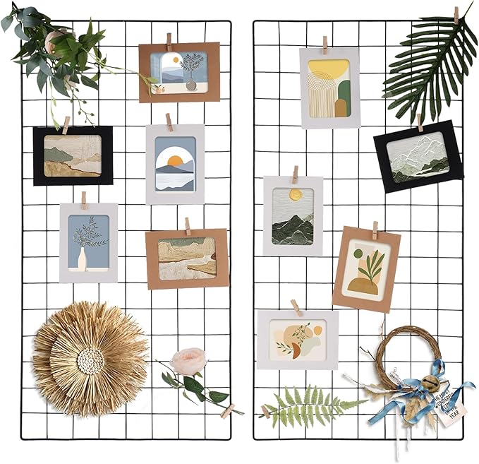 Lnrueg 2 Pack Wire Wall Grid Panel 30" x 15", Wall Grid Shelf with Photo Frames for Photo Display, Metal Mesh Message Board Memo Boards, Heavy Duty Gridwall Display Rack for Art Retail Display