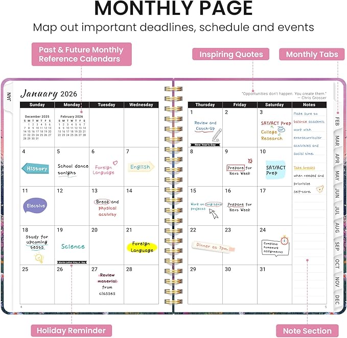 2026 Planner, Weekly and Monthly Calendar Planner for Women, Jan 2026 - Dec 2026, Hardcover Planning Agenda book with Tabs, Spiral Bound, Inner Pocket, Perfect for School Office Supplies, 6.3" x 8.5" - Twilight Bloom