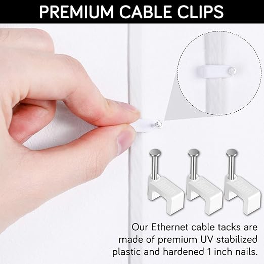 Cable Clips - CableGeeker 100 Pieces Ethernet Cable Clips with Nails 8mm Cord Holder for Cat6 Cat7 Flat Ethernet Cable (White)