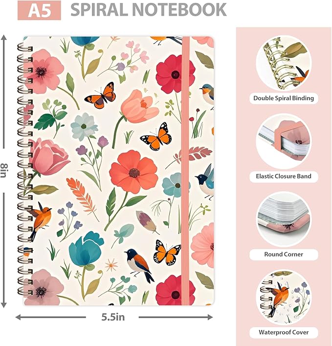 VALOME Journaling Notebooks, A5 Lined Spiral Notebook for Women & Men, 146 Pages College Ruled Hardcover Note Book for Work, Note Taking, Journaling, School, Writing (Flower-A)