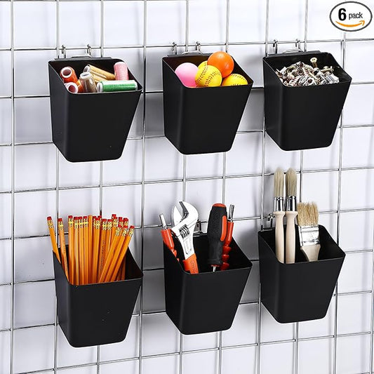 6 Pack Large Gridwall Cups Gridwall Storage Bin with Hooks Hanging Baskets Square Box Shape Hanging Cup Holder Gridwall Accessories for Garage Workbench Office Playroom Home Kitchen(Black)