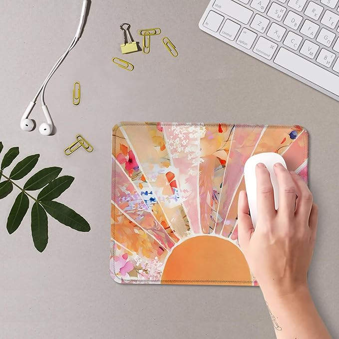 Modern Horizontal Boho Orange Sun floral Mouse Pad,Abstract Watercolor Sunrise Mouse Pads Mousepad for Desk Home Office Dorm Computers Laptop, Boho Office Supplies Desk Accessories, 9.5x7.9 Inch