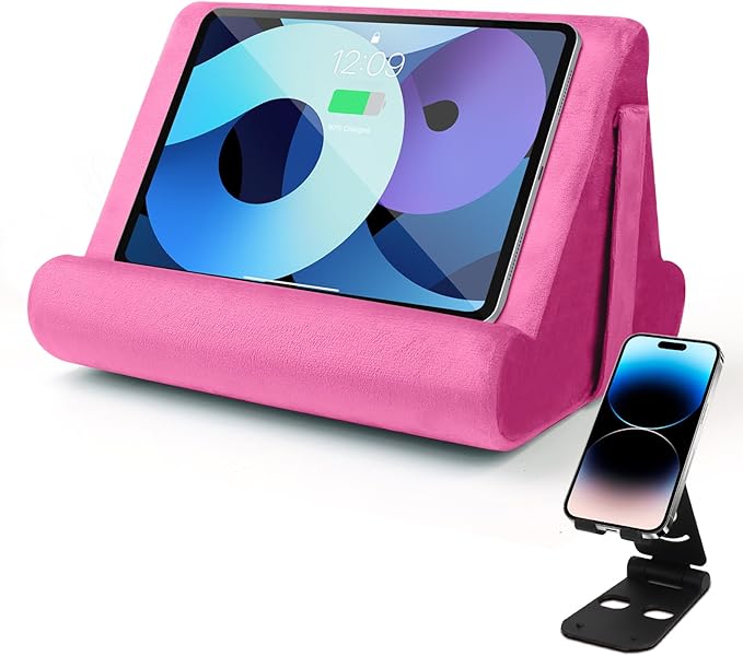 Universal Multi-Angle Tablet Holder - Soft Pad Stand with Net Pocket & Phone Stands for Lap, Knee, Sofa and Bed(Pink)