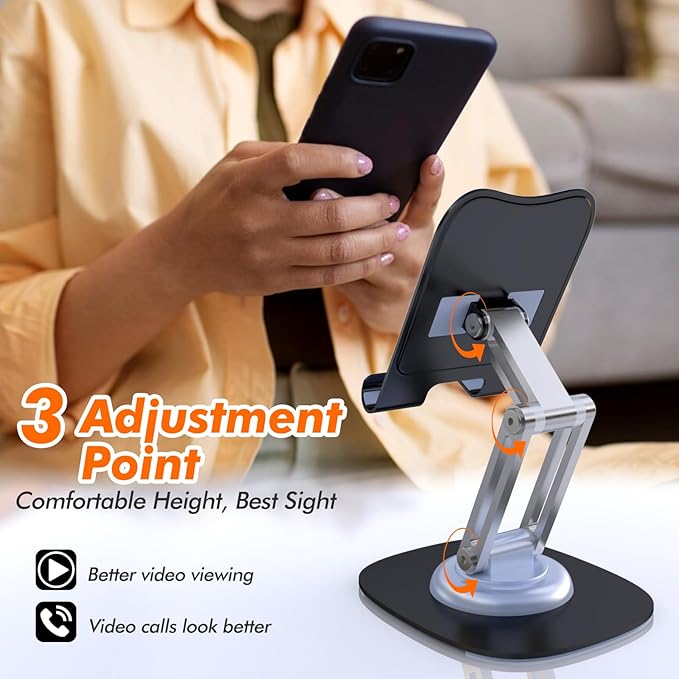 Cell Phone Stand, Fully Adjustable Foldable Desktop Phone Holder, 360 Degree Rotating Desktop Phone Stand for Recording Compatible with iPhone 16 15 14 13 12 Pro Xs Max Xr All Phones, Blue