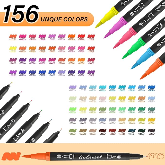 156 Colors Dual Tip Markers Brush Pens, Fine & Brush Tip Art Marker for Adult Coloring Book No Bleeding, Colored Drawing Pen for Calligraphy Lettering Illustration Journal Doodling Gift