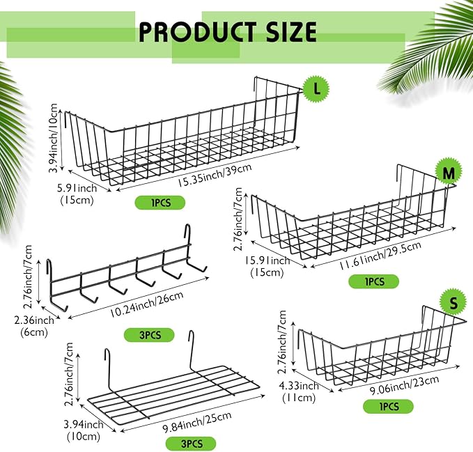 9 Pcs Grid Wall Shelves Gridwall Accessories Wall Grid Panel Hanging Basket with Hooks Set Includes 3 Basket 3 Wire Straight Shelf 3 Hooks Rack for Home Storage Display Organizer(Black)
