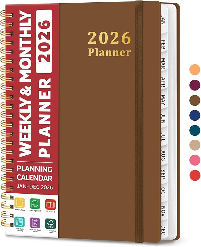 2026 Planner, Weekly and Monthly Calendar Planner, January 2026 - December 2026, Hardcover 2026 Calendar Book with Tabs For Women & Men, Inner Pocket, Spiral Bound, Perfect for Office Home School Supplies - A5 (6.3" x 8.5"), Mocha Earth