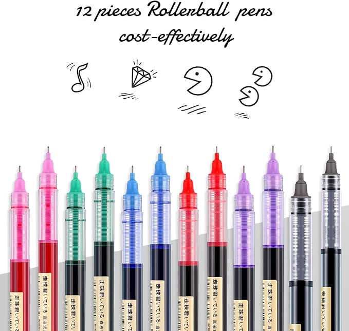 Frienda 12 Pieces Rolling Ball Pens 0.5 mm Japanese Quick Drying Fine Point Pens Liquid Ink Smooth Writing for Office Student Back to School Supplies(Multicolor)