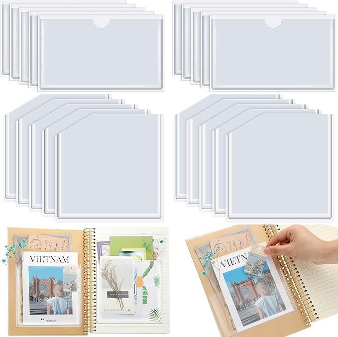 Junkin 20 Pcs Adhesive Pockets for Planners Index Card Pockets Planner Accessories Folder Self Sticky Clear Ideal Holder Top Open Add Storage Space to Notebooks Journal Office School Vinyl, 2 Styles