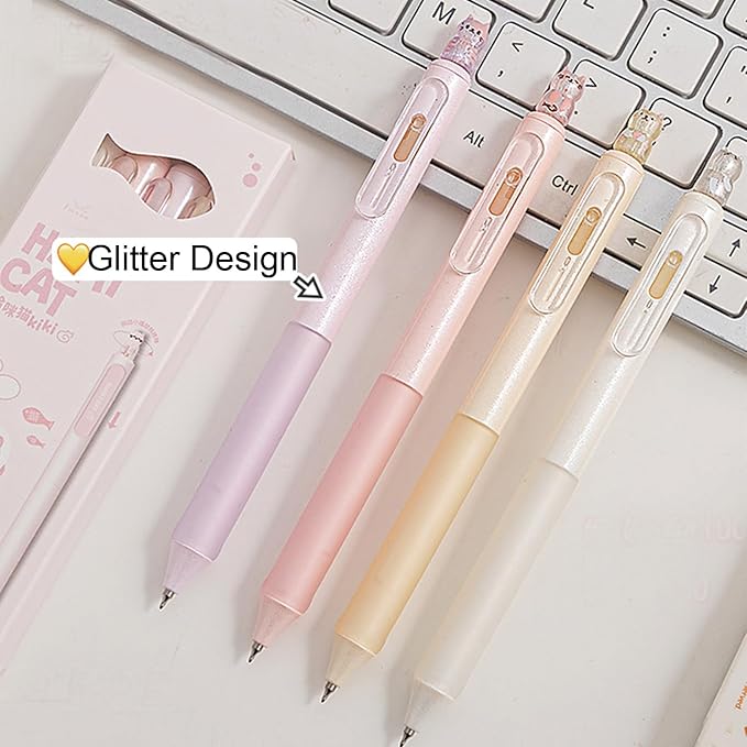 4 Pcs Cute Retractable Pens Cat Gel Pens Gliiter Aesthetic Pen 0.5mm Fine Point Black Ink Smooth Writing Kawaii Cartoon Kitty Pen for Women Girls Office School Supplies (4Pcs Gliiter Cat)