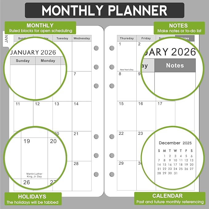 2026-2028 Monthly Planner Refill - A6 Size, Planner Inserts with 6-Hole Punched, January 2026 - December 2028, Two Pages Per Month, 2026-2028 Monthly Calendar with Tabs