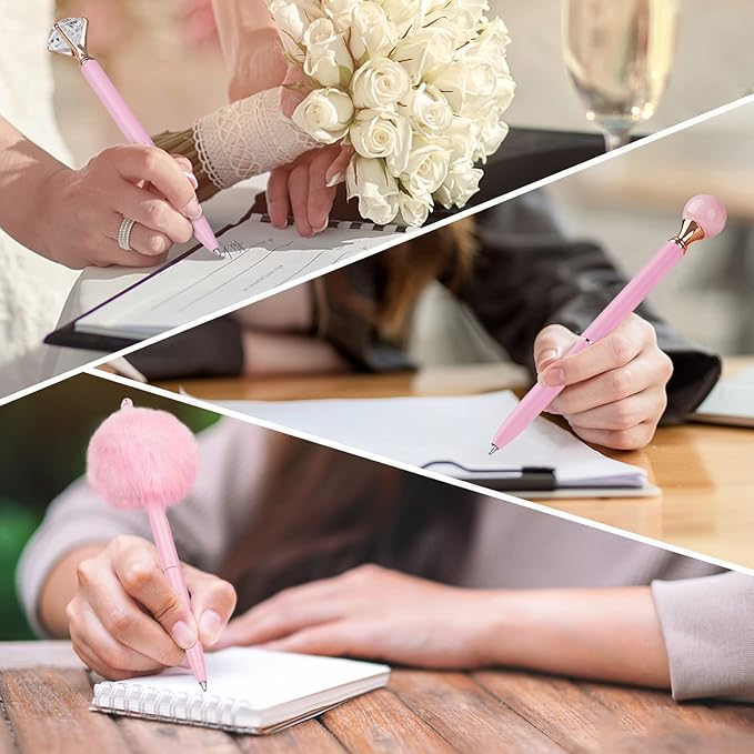 WEMATE 8Pcs Ballpoint Pens Set Metal Crystal Diamond Glitter for Journaling Pink Pen Bling in Black & Blue Ink Pretty Cute Fancy Mothers Day Gift for Women Wedding School Office Desk(Pink)