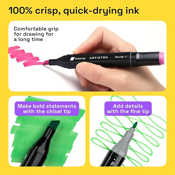 Alcohol Dual Tip Markers Set of 36 with No Bleed Ink, Bonus Case and Vibrant Fade-Resistant Colors, Art Supplies for Sketching, Manga, Drawing, Adult Coloring Books, Card Making (Fine & Chisel)