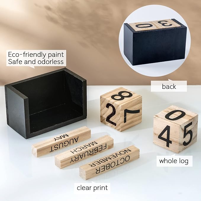 Notakia Wooden Gaobei Desk Blocks Calendar Perpetual Block Month Date Display (Large Black Wood Color)
