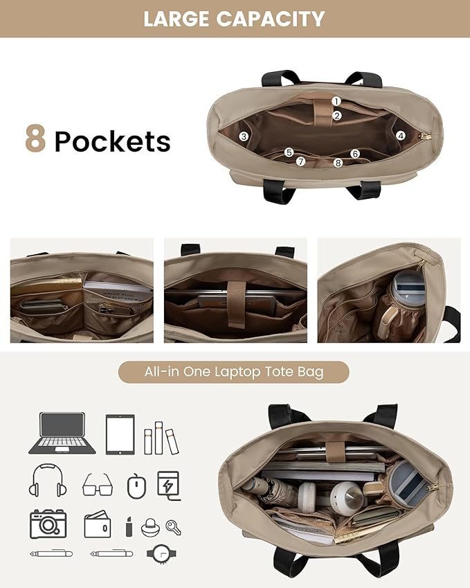 LOVEVOOK Laptop Bag for Women 15.6 Inch Canvas Laptop Large Capacity Work Bags Mutiple Pockets Teacher Bag Water Resistant Computer Bags for Business Travel Nurse, Apricot-coffee