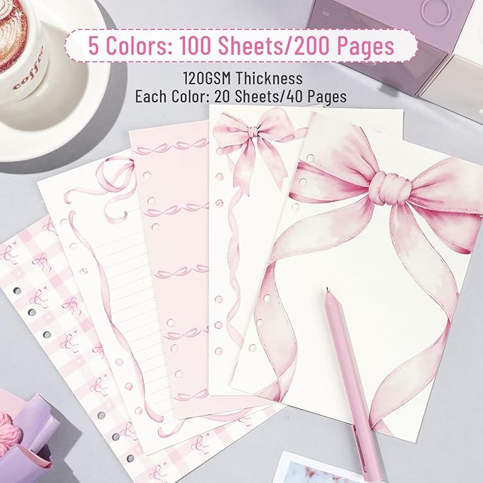 100 Sheets Pink Bow A5 Refills Paper for Planner Inserts Binder, Thick 6 Hole Notebook Refill, 120GSM Filler Insert Loose Leaf Paper for A5 6 Ring Binder Travel Journal Diary Budget, Lined & Blank