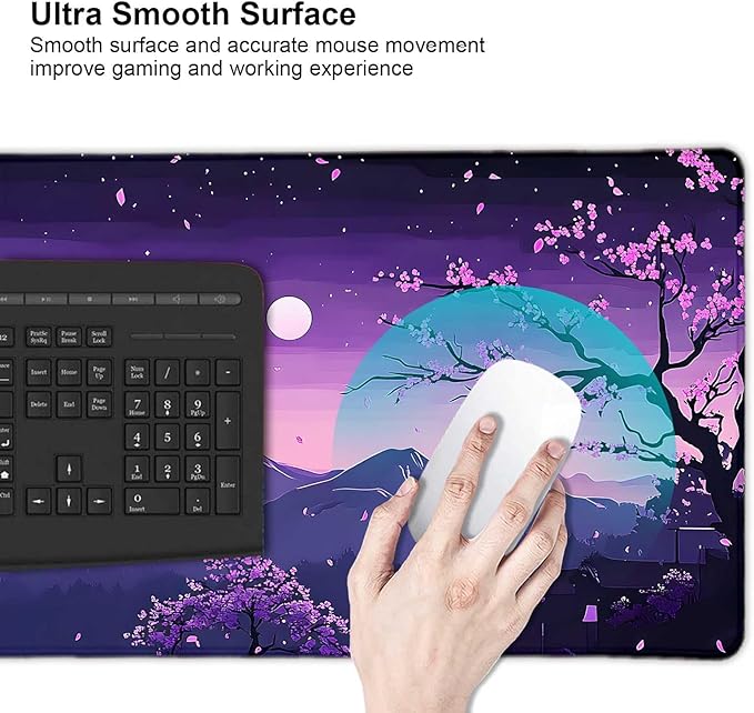 Purple Japanese Mountains Large Mouse Pad, Desk Mat Computer Keyboard Pad Non-Slip Rubber Base Waterproof with Stitched Edges for Laptop Gaming, Office & Home 31.5 x 11.8 Inch (XL-24)