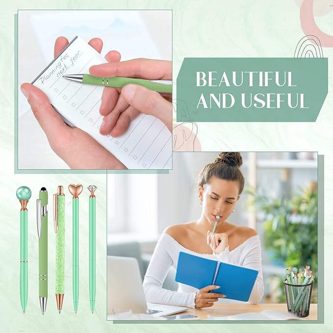 Janmini 9 Pcs Ballpoint Pens Set Metal Crystal Diamond Glitter Pens for Journaling Black Ink Pretty Cute Things Fancy Stationery Gifts for Women Girls Birthday Home Office Desk(Green)