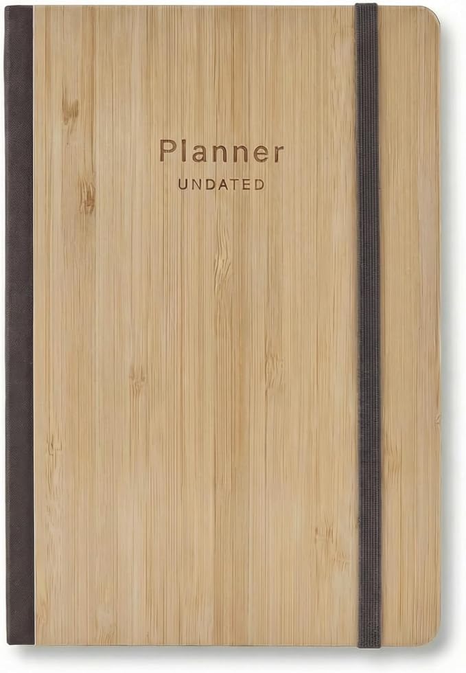 Bamboo Cover Undated Portable Planner Notebook – Daily, Weekly & Monthly Organizer, Lay-Flat A5 (5.7” × 8.3”), 100 GSM Paper, 160 Pages, 4-Month Layout (Brown)