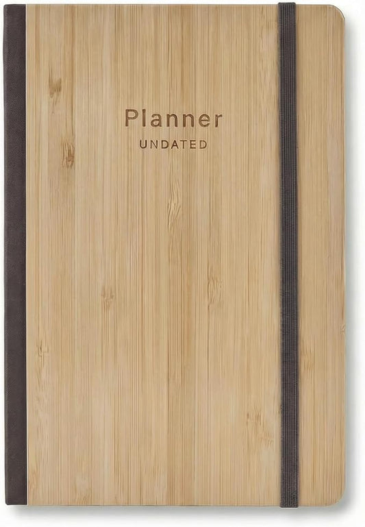 Bamboo Cover Undated Portable Planner Notebook – Daily, Weekly & Monthly Organizer, Lay-Flat A5 (5.7” × 8.3”), 100 GSM Paper, 160 Pages, 4-Month Layout (Brown)