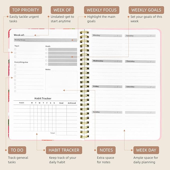 Weekly Planner Undated - 52 Weeks To Do List Notebook A5 for Work: Weekly Task, Habit Tracker Journal, Goal Setting, Agenda Sprial Bound Organizer Book Women Cute Stylish Design, Strawberry