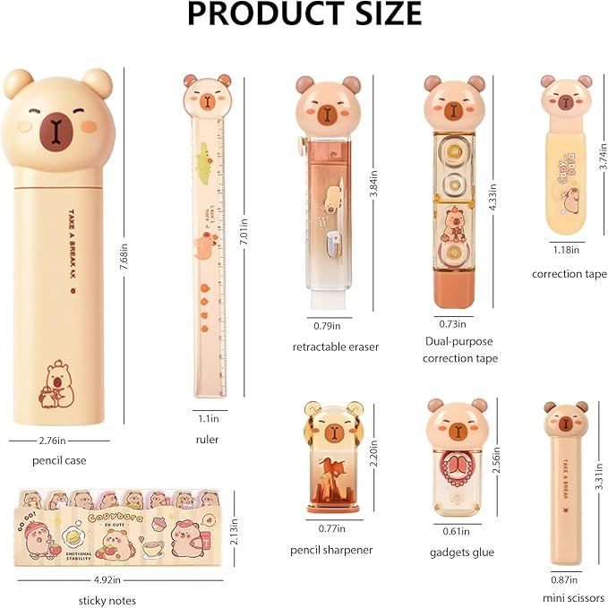 Capybara Stationery Set,Cute Capybara School Supplies,Stationary Gift Set, Japanese Stationery Birthday GIFS, Includes Pencil Sharpener,Eraser, Correction Tape, Ruler, for Office School Supplies