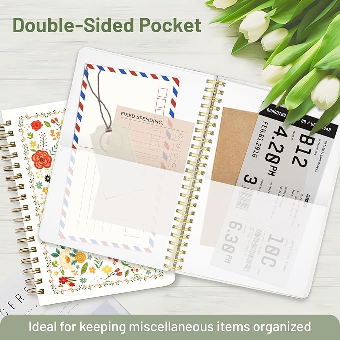 Stanoha Cute Spiral Notebook A5 Journal for Women Girls Kawaii Aesthetic Pretty Floral Design with Pocket, 8.5 x 5.7 inch, Line, Beige Floral