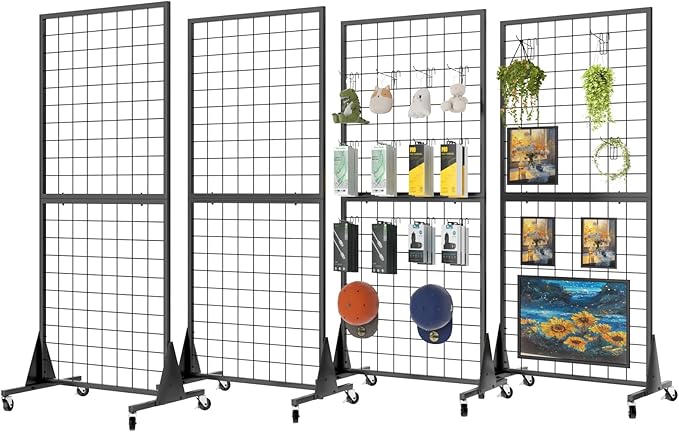 2' x 5.5' Grid Wall Panels Standing Wire Grid, Study Display Rack with T-Base Wheels Freestanding Gridwall Panel Tower for Shows, Black (4) (4)