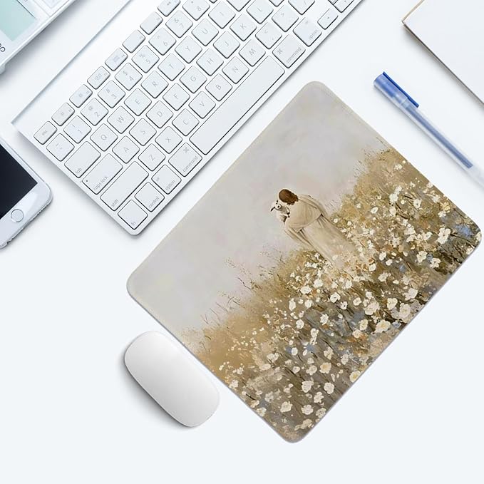 Jesus Mouse Pad,Christian Mouse Pad,Vintage Easter Decor Desk Mat,White Floral Desk Mat,Christian Desk Accessories for Dorm Home Office Decor,Jesus Find The Lost Lamb,10.2x8.3 Inch