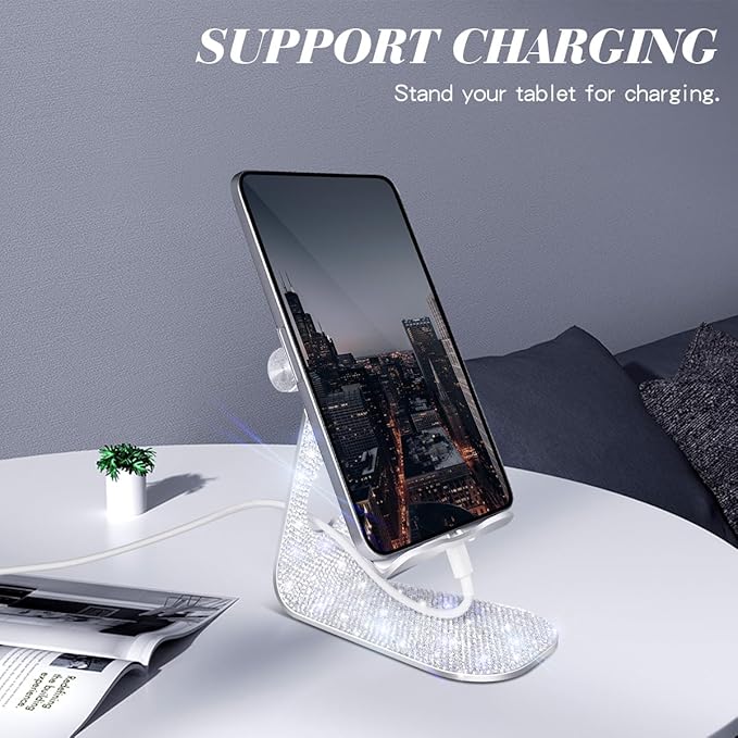 Bling Crystal Tablet Stand for Desktop,Glitter Adjustable Tablet Holder,Stand Dock Holder Compatible with iPad Pro 11,9.7,10.5,12.9 Air Mini 4 3 2, Kindle, Nexus,4-13" Tablets (Silver)