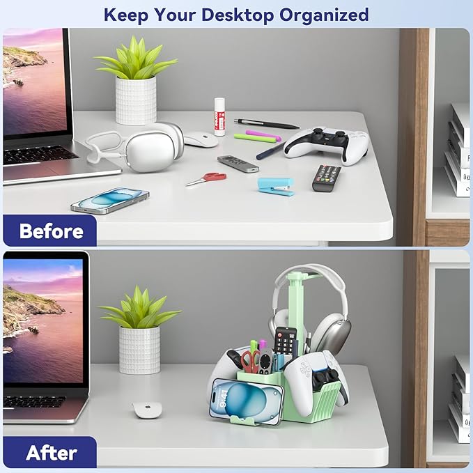 KDD Dual Controller Holder with Headphone Stand - Multi-Functional Desk Storage Box with Phone Holder - Universal Controller Stand with Desktop Organizer for Remote Control Pen Accessories(Green)