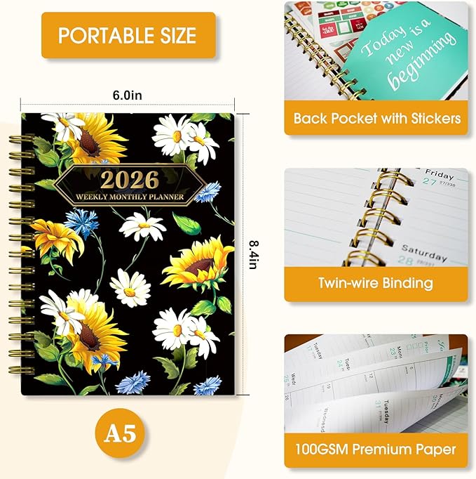 Ymumuda 2026 Planner, Daily Weekly Monthly Planner, 2026 Calendar Planner (Jan 2026 - Dec 2026), 8.4" x 6.3", Teacher School Student Work Agenda with Tabs, Ideal for School Office Supplies