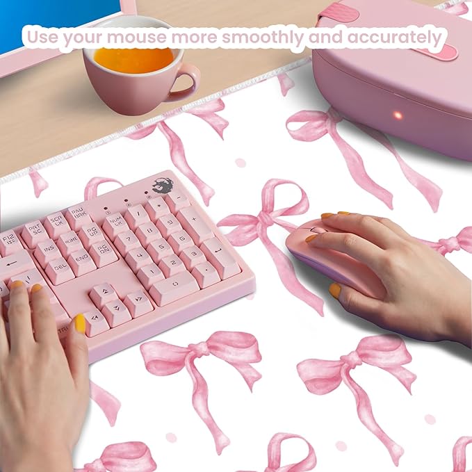 Pink and White Mouse Pad, Desk Mat Pink Bow Keyboard Mat Bows Office Accessories Computer Mat, Non-Slip Rubber Base Extra Large Mousepad Laptop Pad, Desktop Pad Cute Decor for Girls 35.4 x 15.7in