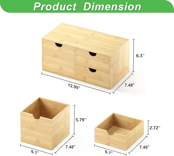 Wisuce Desk Organizer with Drawers - Bamboo Desktop Organizer Storage | White-Natural Wood Desk Drawers Organizer for Bills, Office Supplies, Cosmetics, Seals No Assembly Required(3 drawers edge-free)