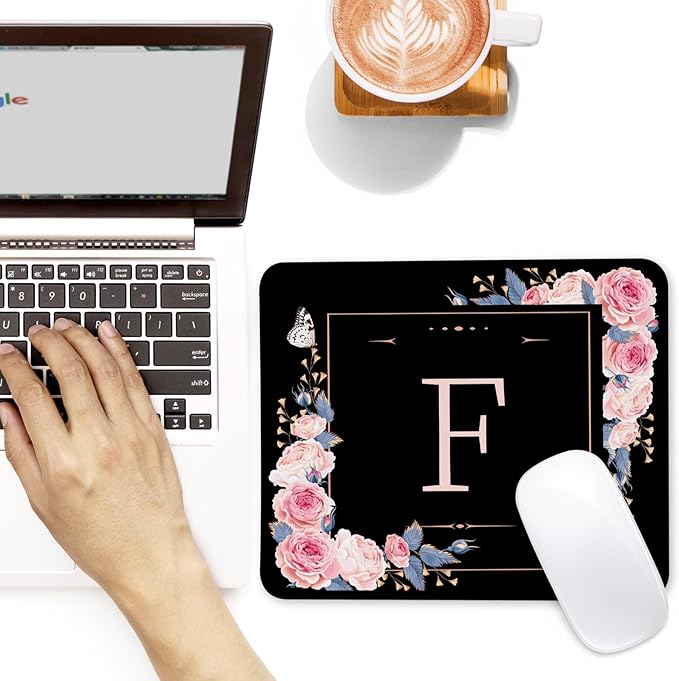 Letter F Black and Pink Flowers Square Mouse Pad, Mouse Pad with Stitched Edge and Non-Slip Rubber Base,Mouse Mat,Home Office Decor Desk Accessories,9.4x7.8x0.12 inch Square Mouse Pad