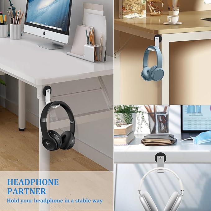 Magnetic Headphone Holder, Aluminum Headset Hooks, Headphone Hanger for Desk & Table, Headphone Mount Stand with Rubber Pad, Compatible with All Computer/Gaming Headsets (Silver)