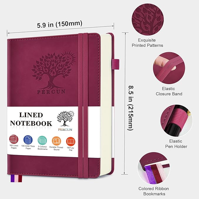 Lined Journal Notebook for Men & Women, 160 Pages College Ruled Journal for Writing, A5 Hardcover Leather Notebooks for Work, School, Business, Travel, Daily Diary 5.9" x 8.5" (Burgundy)
