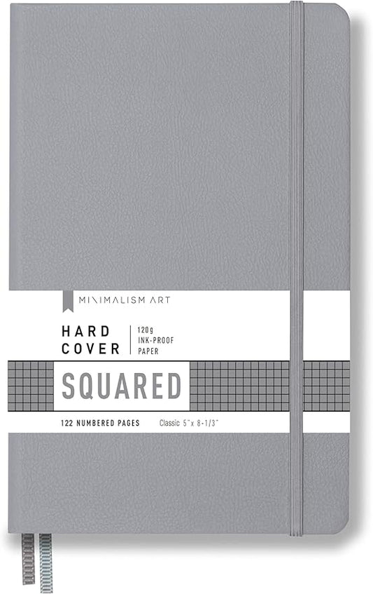 Minimalism Art, Premium Hard Cover Notebook Journal, Classic 5" x 8.3", 122 Numbered Pages, Gusseted Pocket, Ribbon Bookmark, Extra Thick Ink-Proof Paper 120gsm, San Francisco (Squared, Gray)