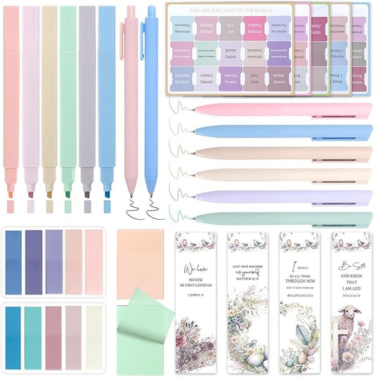 Bible Study Supplies Journaling Kit for Women, Bible Study Kit with 14 No Bleed Highlighters and Pens, 2 Transparent Sticky Notes, 2 Index Stickers, 75 Tabs for Christian Gifts