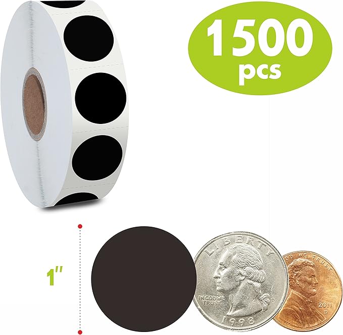1500 PCS Black Round Color Coding Circle Dots Inventory Stickers Labels with Perforation Line in Roll (Each Measures 1" in Diameter)