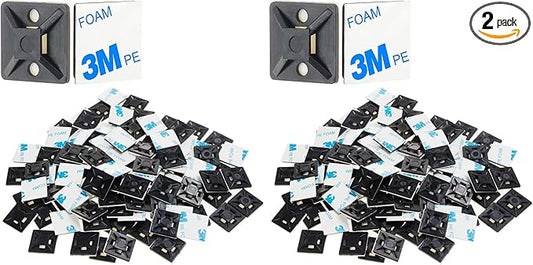 XHF 100 PCS 3/4" Black Self Adhesive Cable Zip Tie Mounts Wire Cable Clips Holders Management Anchors Organizer Holders Squares(HS-101S) (Pack of 2)