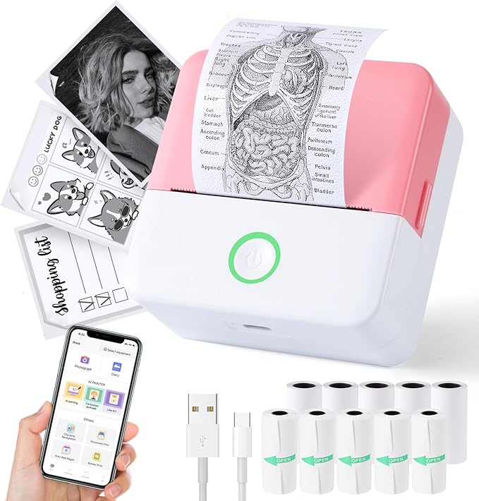 cudinham Print Pods Mini Printer, Sticker Printer with 10 Rolls Thermal Printing Paper, Inkless Pocket Printpod for Phone, Impresora Portátil for Notes, DIY, Compatible with iOS & Android (Pink)