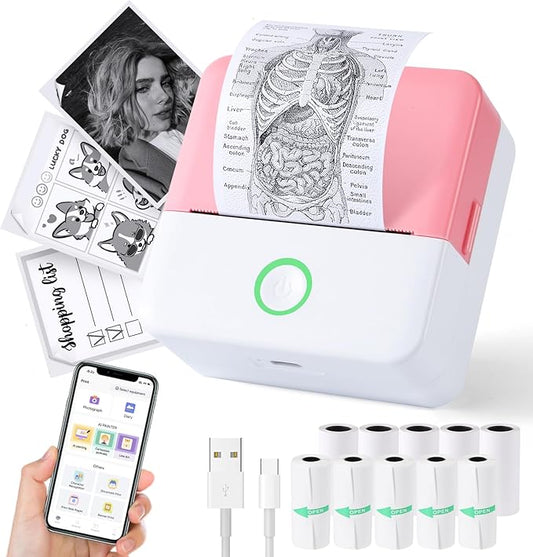 cudinham Print Pods Mini Printer, Sticker Printer with 10 Rolls Thermal Printing Paper, Inkless Pocket Printpod for Phone, Impresora Portátil for Notes, DIY, Compatible with iOS & Android (Pink)