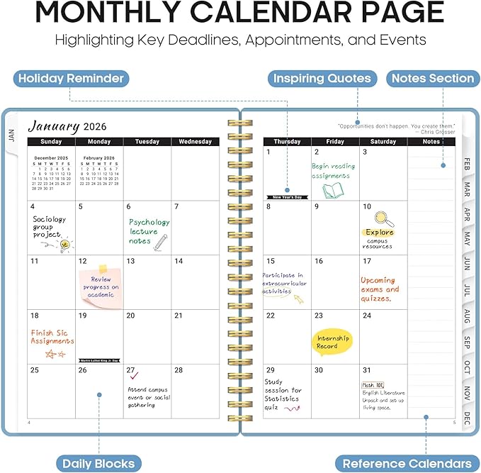 2026 Planner, Weekly and Monthly Calender Planner, Jan 2026 to Dec 2026, Hardcover 2026 Calendar Book with Tabs & Inner Pocket, Office Home School Supplies for Women & Men - A5 (6.3" x 8.5"), Blue