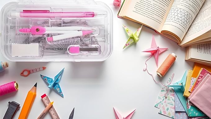9-piece set back-to-school kit , packed in a reusable plastic box,two triangles, a protractor, a 15-centimeter ruler, a compass, a mechanical pencil with extra lead, and an eraser.